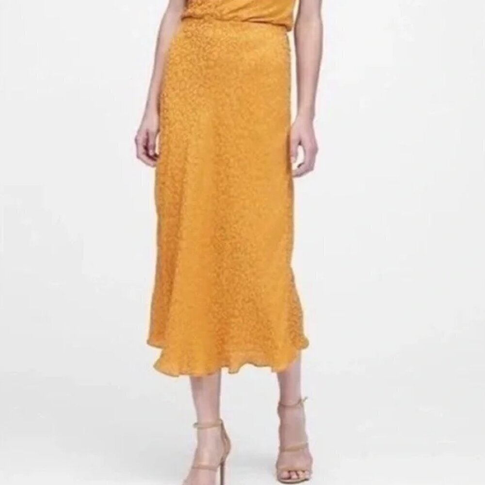 Banana Republic Goldenrod Leopard Print Bias Cut Satin Slip Midi Skirt Sz S